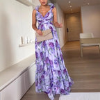 Robe Longue Bohème pour Femme – Robe d'Été en Mousseline Imprimée Fleurie Dos Nu et Col Halter