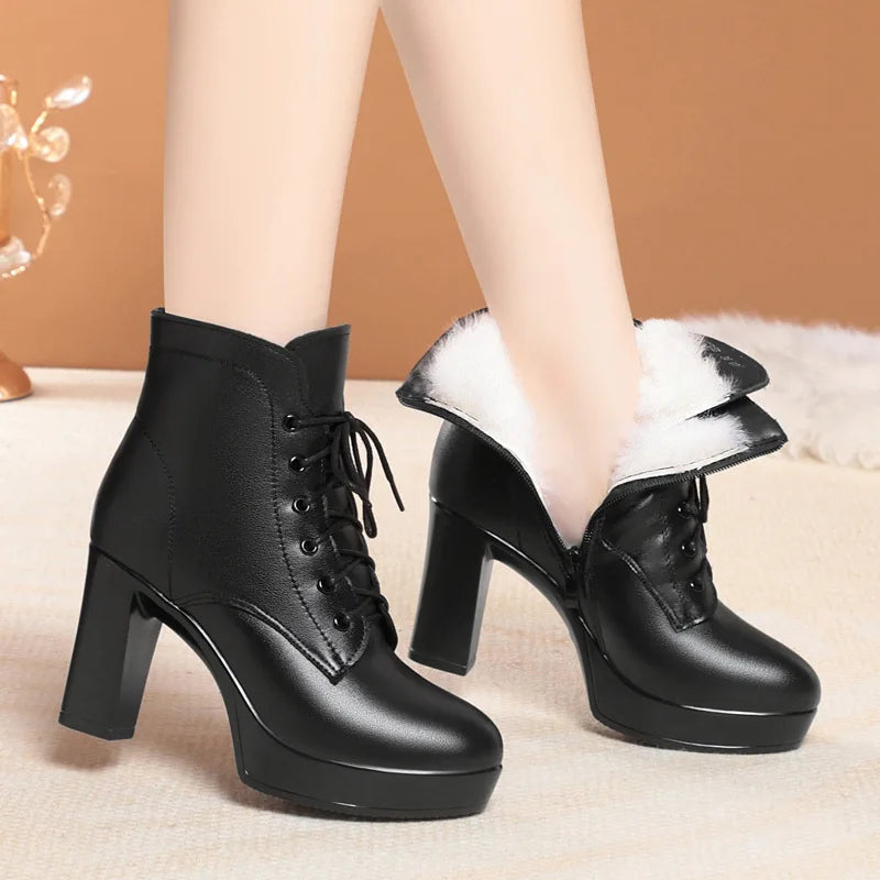 WOIZGIC Laides femmes en cuir véritable bottines hiver automne fourrure peluche laine chaud talon haut moto