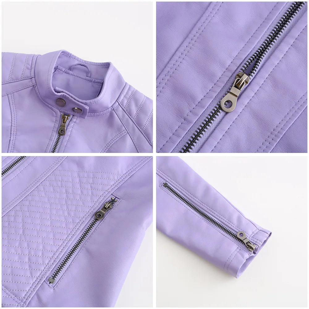 Nouvelle veste en PU pour femme, couleur lavande, manches longues, 2026, vestes en cuir de moto tendance, manteau rouge, vêtements d'extérieur noirs.
