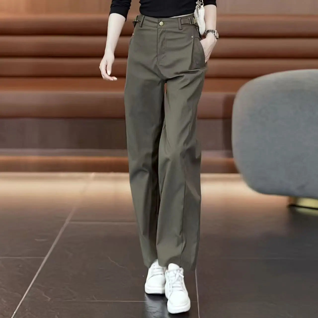 Pantalon Large Vert Armée Taille Haute - Style Streetwear Chic
