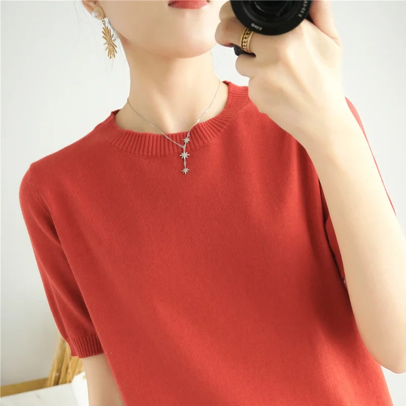 Pull Manches Courtes 100% Coton Femme - T-Shirt Col Rond