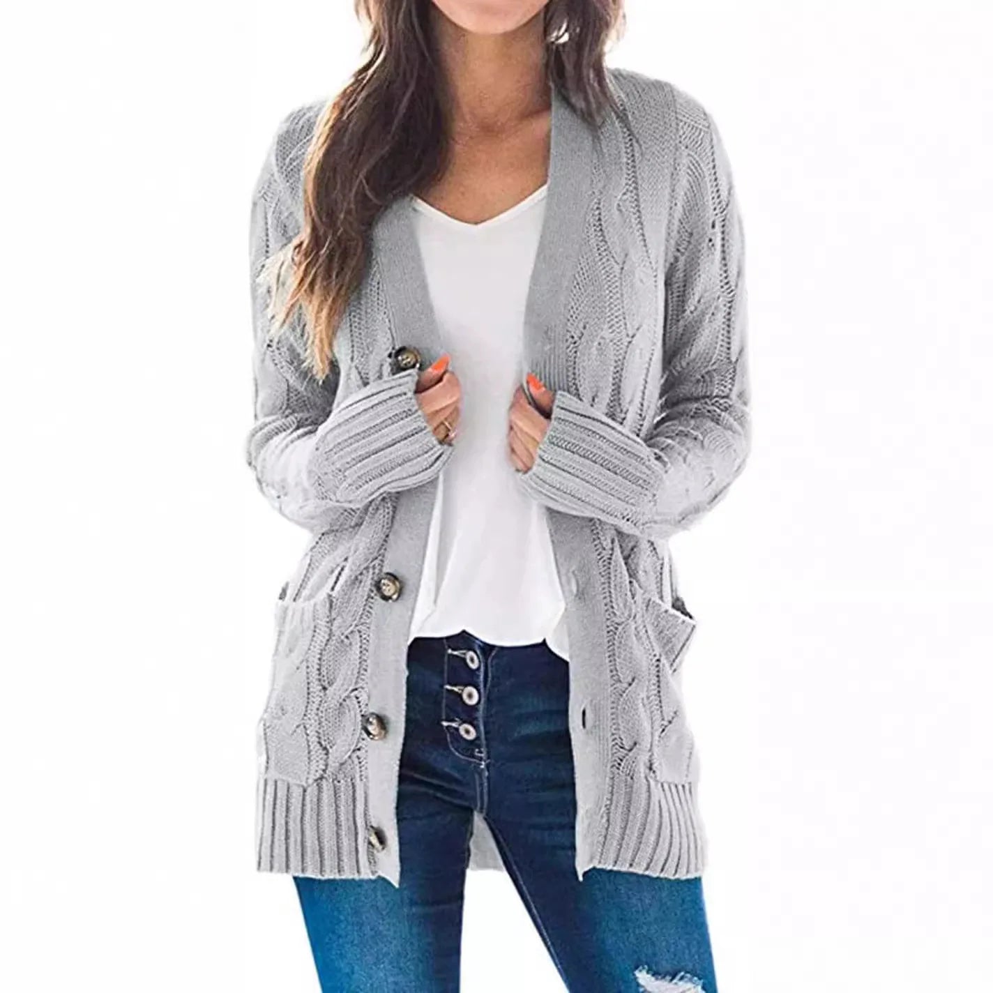 Cardigan Torsadé Bleu Clair à Poches pour Femme - INPETAL