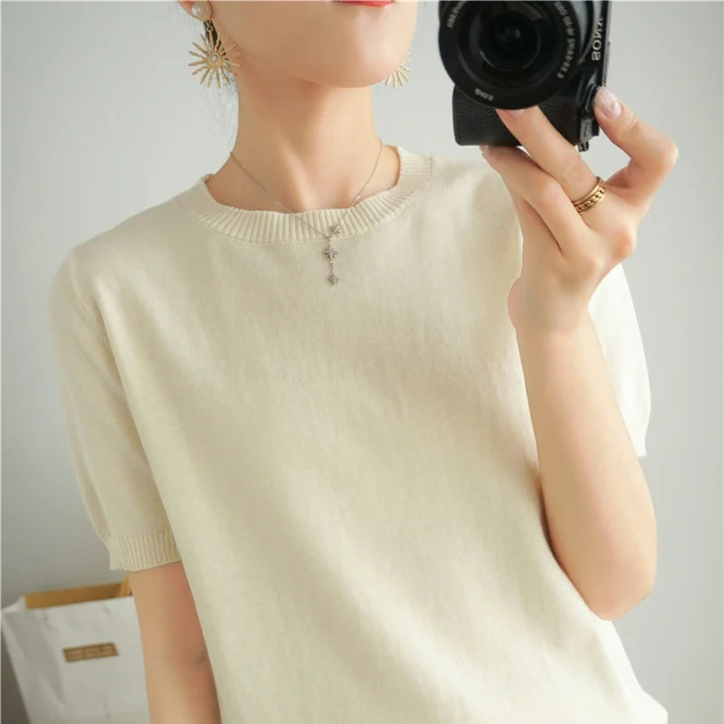 Pull Manches Courtes 100% Coton Femme - T-Shirt Col Rond