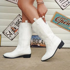 Bottes de cowboy occidentales pointues pour femmes, bottes mi-mollet dorées, bottes argentées noires, mode rétro, grande taille 36-43