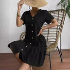 Mini robe d'été décontractée en coton et lin pour femmes, col en v, volants, manches courtes, mode dames, robes à boutons amples