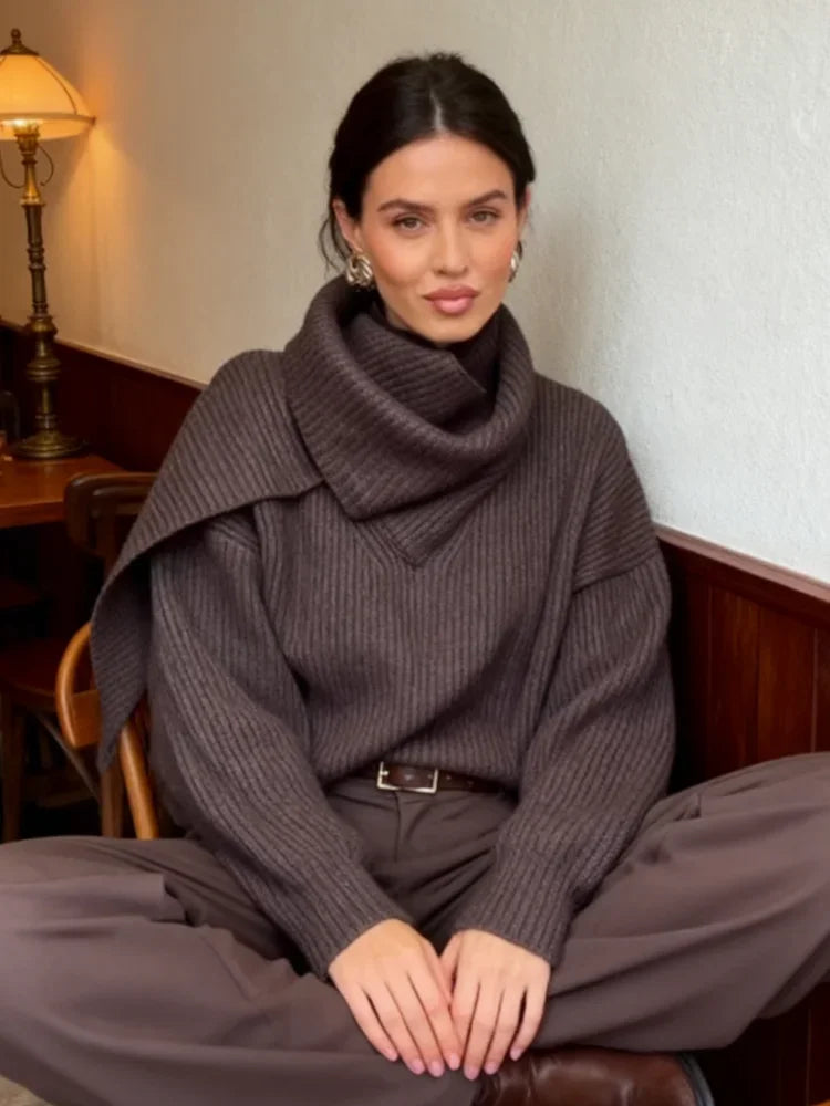Pull Chic Marron à Col Écharpe – Élégance Bureau & Quotidien