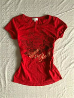 T-Shirt Rouge Grunge Vintage Y2K - Haut Esthétique Gothique