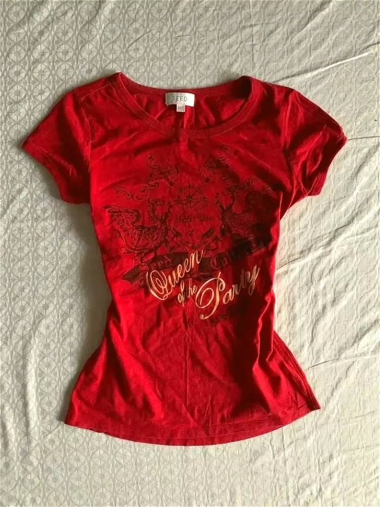 T-Shirt Rouge Grunge Vintage Y2K - Haut Esthétique Gothique