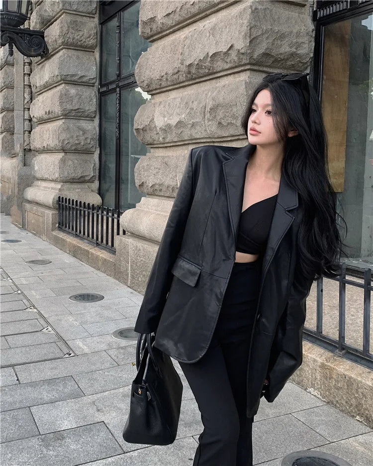 Veste en similicuir PU pour femme, Blazer combiné, Vestes à col rabattu, Manteau à point ouvert, Maxi, Décontracté, Élégant, Punk, Streetwear Y2k