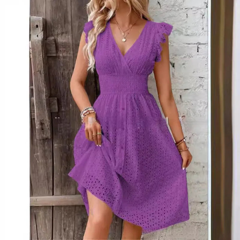 Robe de Plage d'Éte pour Femme – Veste de Plage Légère à Col en V et Taille en Dentelle Ajourée
