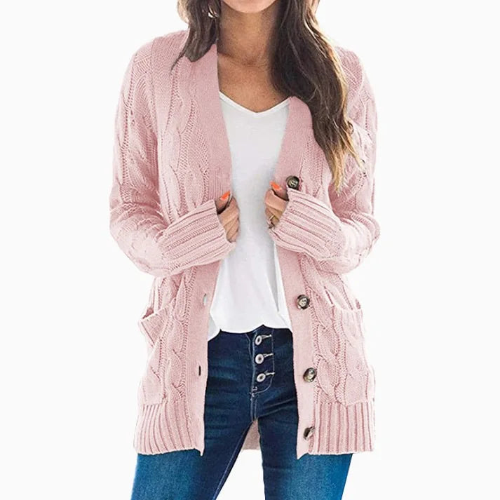 Cardigan Torsadé Bleu Clair à Poches pour Femme - INPETAL