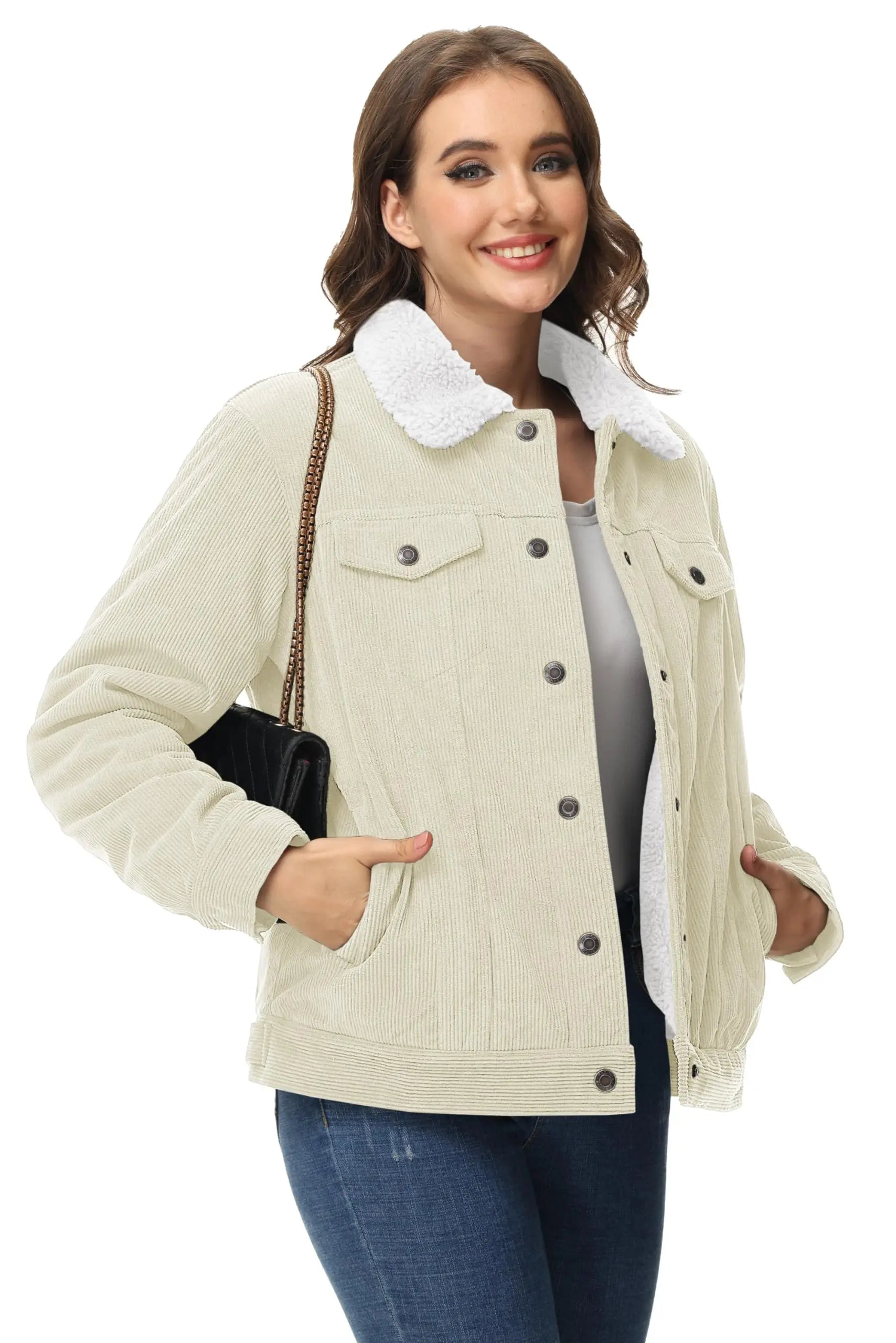 Veste Lourde en Velours Côtelé Doublée Polaire Sherpa pour Femme