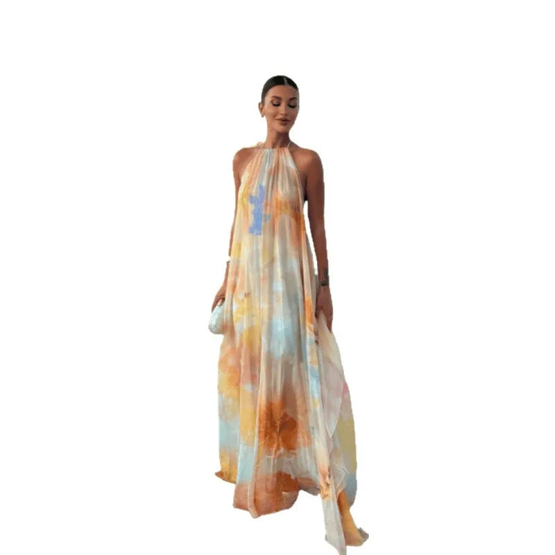 Robe longue imprimée à col licou pour femme, style sexy avec lacets au dos, idéale pour les vacances, la plage, ou comme tenue de bord de mer, Maxi Vestidos