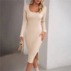 Robe Mi-Longue en Maille pour Femme – Robe Pull Cintrée Élégante à Col Carré et Manches Longues