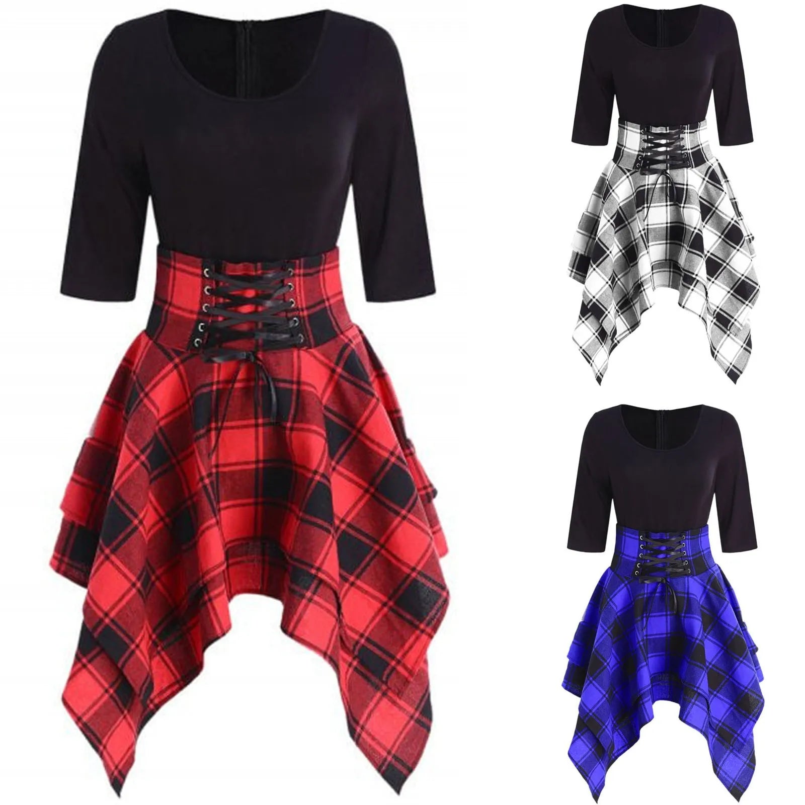 Robe Gothique à Carreaux pour Femme – Robe Asymétrique à Lacets Style Punk Tartan Harajuku