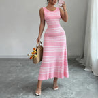 Robe longue moulante en maille rose rayée sans manches à col rond pour femme – Idéale pour l'été, la plage, les vacances, le quotidien ou les soirées