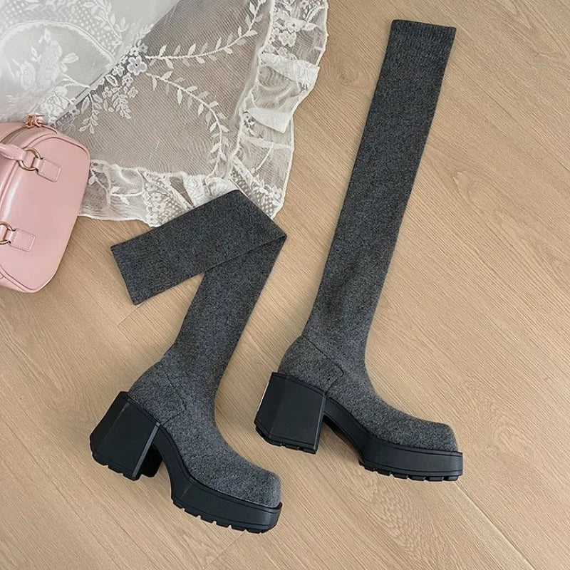 Taille 35-40 hiver femmes sur le genou chaussettes bottes Stretch tricoté talons épais bottes longues femme sans lacet plate-forme chaussures