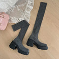 Taille 35-40 hiver femmes sur le genou chaussettes bottes Stretch tricoté talons épais bottes longues femme sans lacet plate-forme chaussures