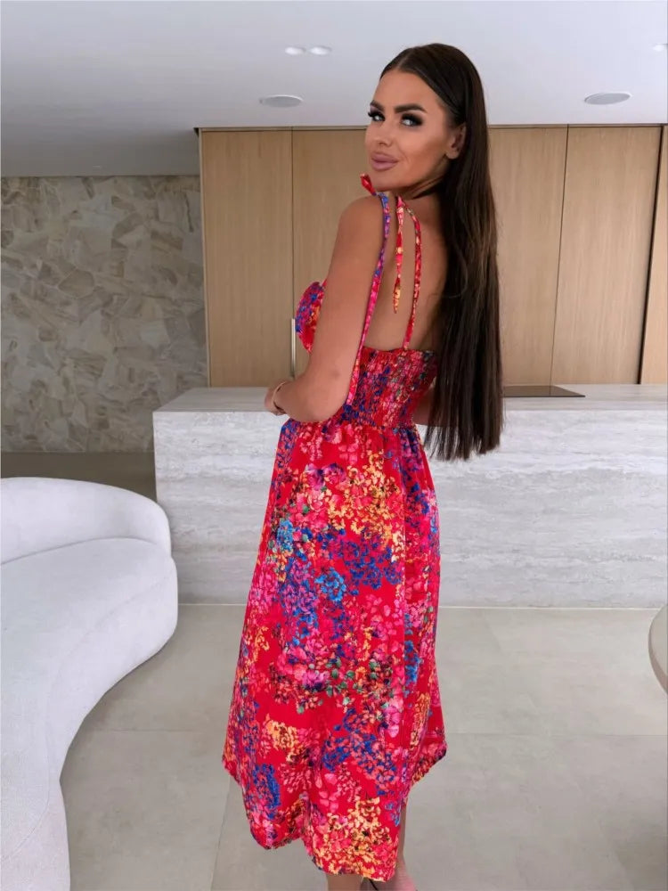 Robe d'Été Imprimée à Bretelles pour Femme – Robe Longue Fluide à Col en V avec Coussinets Intégrés