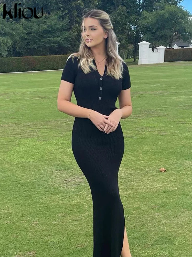 Robe Maxi Moulante pour Femme Kliou – Robe Élégante Style Bureau et Streetwear à Col Rabattu et Fente Latérale