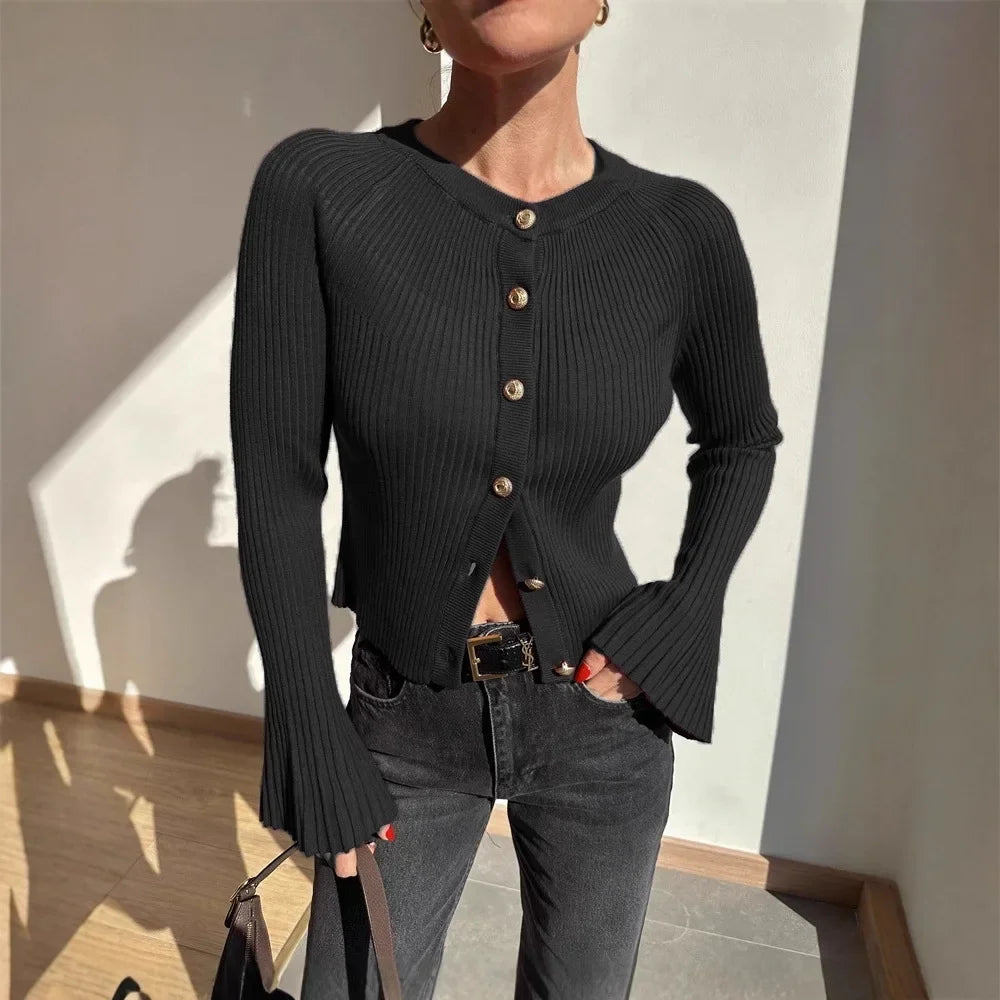 Cardigan Côtelé Ajusté à Manches Évasées pour Femme - Talenza