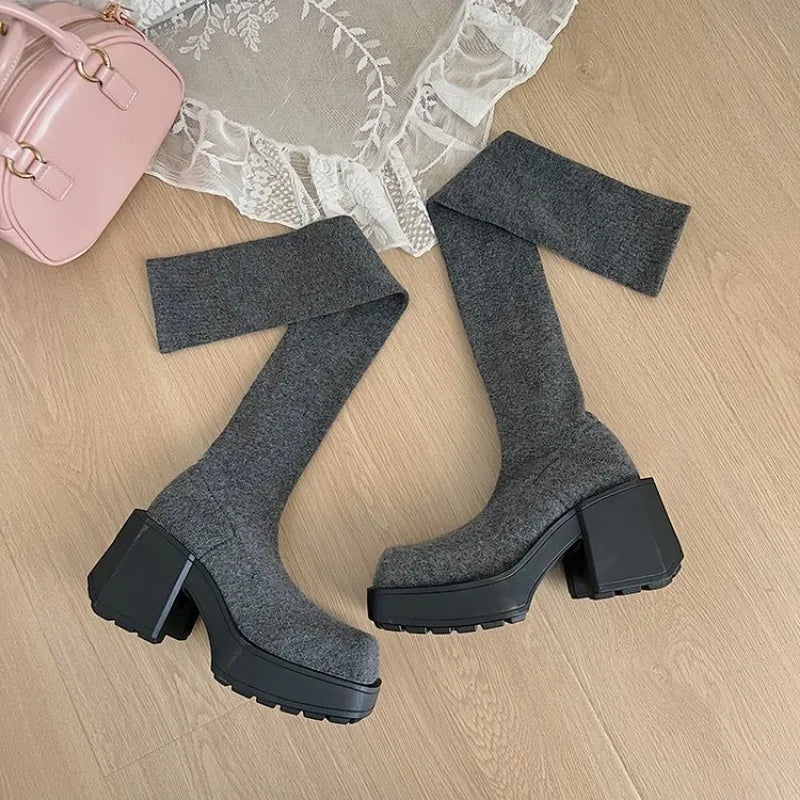 Taille 35-40 hiver femmes sur le genou chaussettes bottes Stretch tricoté talons épais bottes longues femme sans lacet plate-forme chaussures
