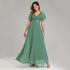 Robe de Soirée Grande Taille pour Femme – Robe de Fête Élégante en Mousseline à Col en V et Longueur au Sol