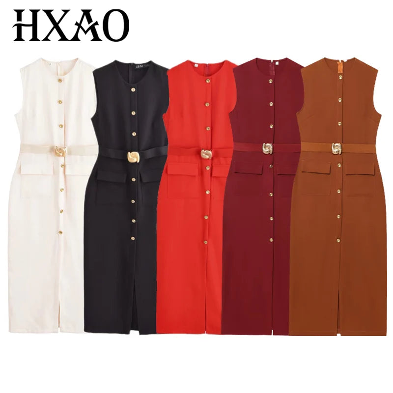 HXAO 2025 robe noire robe d'été élégante décontractée mince robe de vacances col rond sans manches boutonné ceinture longue robes 066