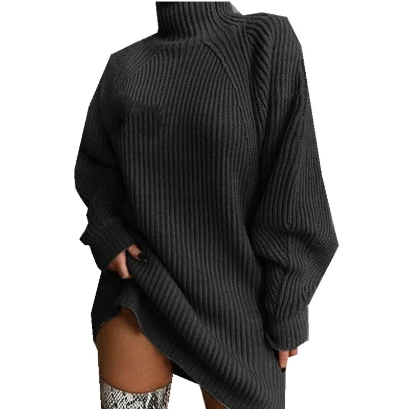 Robe tricotée ample de couleur unie pour femmes, nouvelle collection automne-hiver 2023, pull à manches longues et col roulé