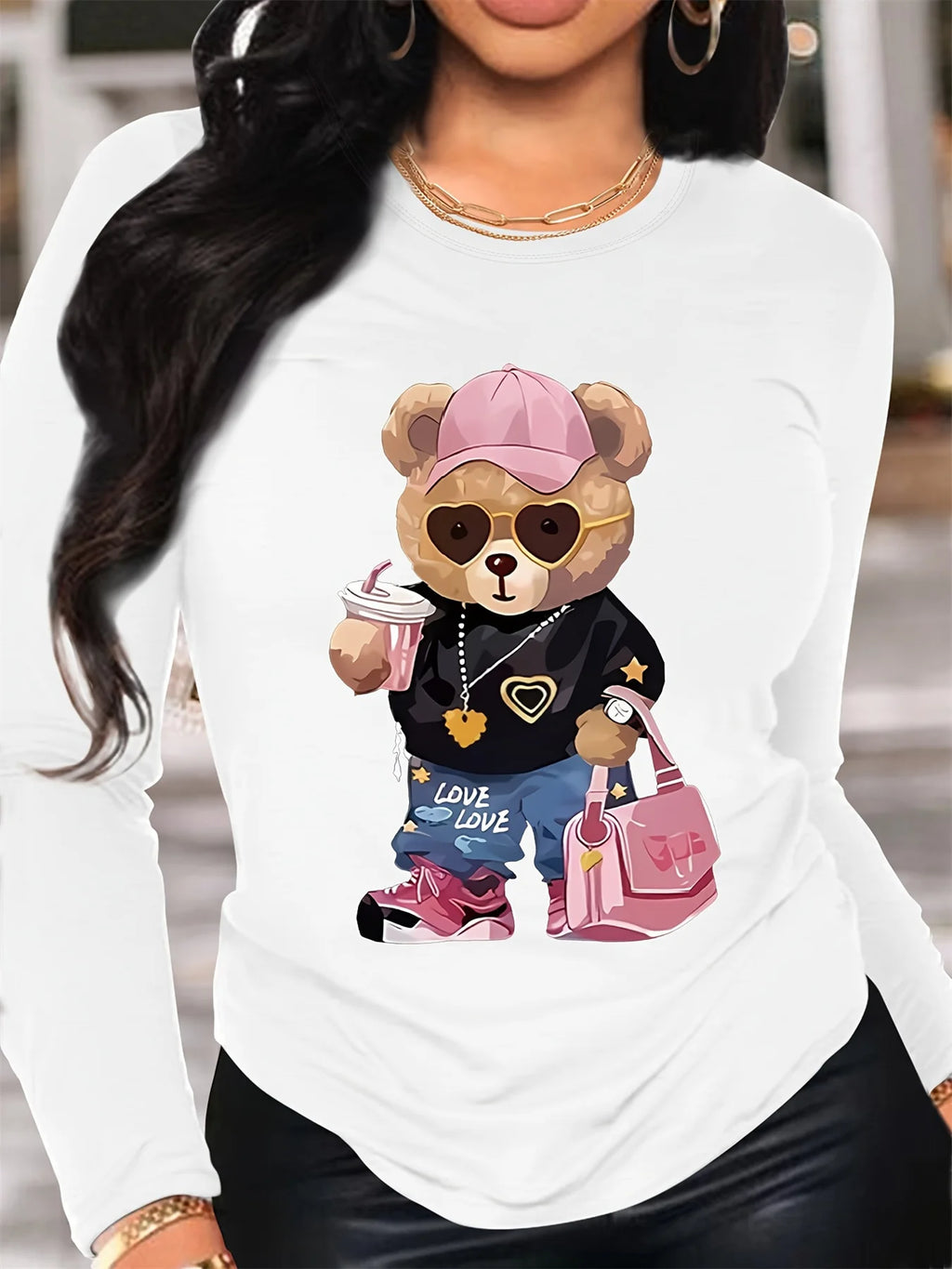 T-Shirt Manches Longues Ours 100% Coton - Haut Ample Femme