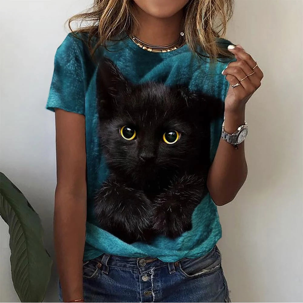 T-Shirt Chat 3D Kawaii Femme - Haut Y2K Respirant