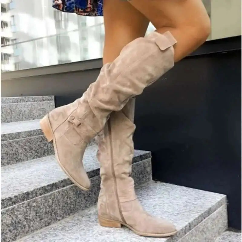Bottines en daim à talons bas abricot pour femmes, bottes de Cowboy occidentales avec fermeture éclair latérale, bottines courtes taille 34-43