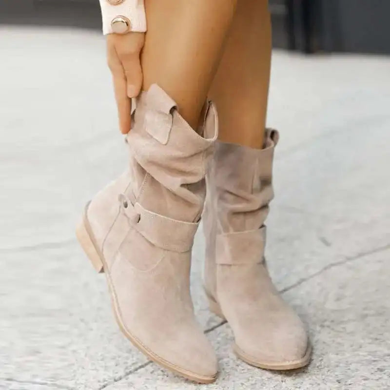 Bottines en daim à talons bas abricot pour femmes, bottes de Cowboy occidentales avec fermeture éclair latérale, bottines courtes taille 34-43
