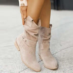 Bottines en daim à talons bas abricot pour femmes, bottes de Cowboy occidentales avec fermeture éclair latérale, bottines courtes taille 34-43