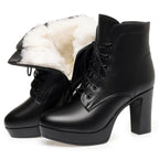WOIZGIC Laides femmes en cuir véritable bottines hiver automne fourrure peluche laine chaud talon haut moto