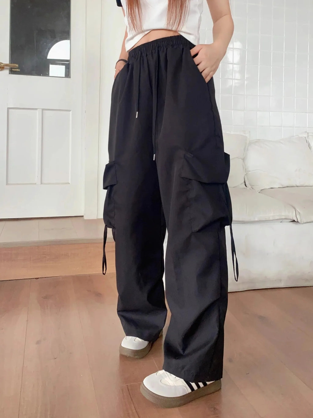 Jogging Cargo Ample Noir Taille Haute - Style Streetwear Vintage