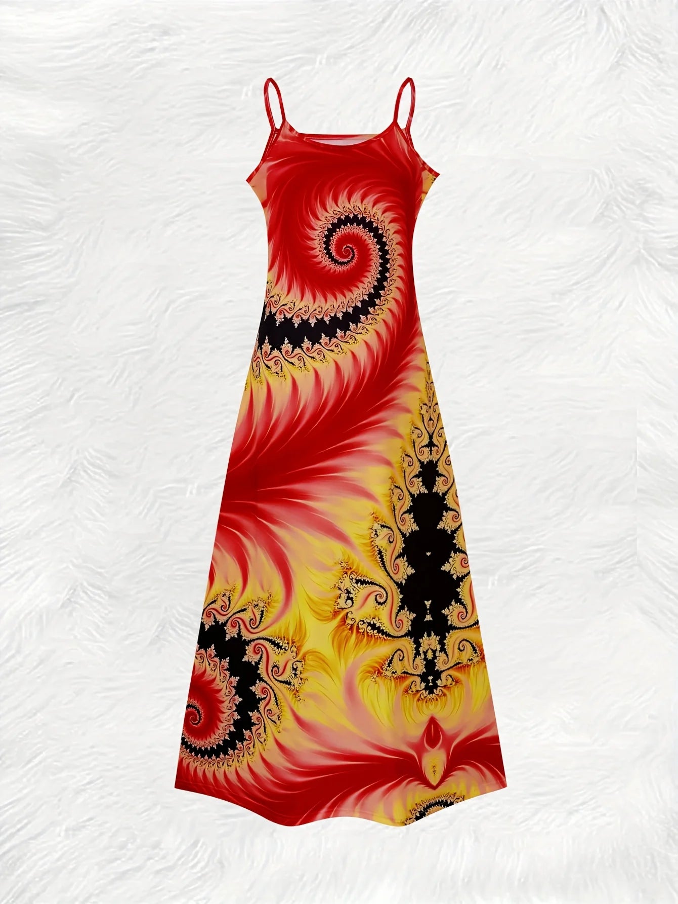 Robe d'Été Trapèze pour Femme – Robe Longue Décontractée à Imprimé Spirale Fractale Rouge Jaune et Noir