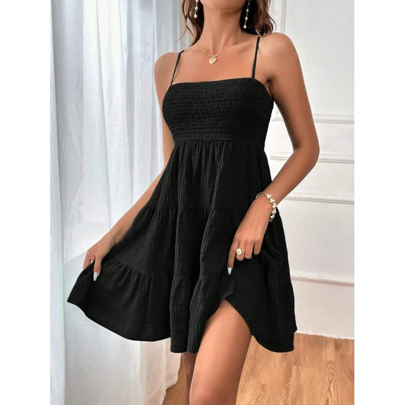 Robe mini bustier smockée à bretelles spaghetti style Y2K pour femme, robe évasée à volants superposés, tenue décontractée d'été pour les vacances et la plage