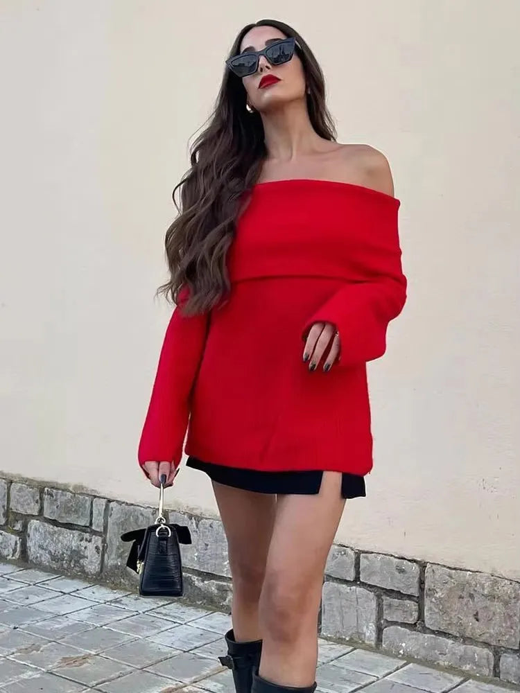 Pull Tricoté Épaules Dénudées Style Chic et Décontracté