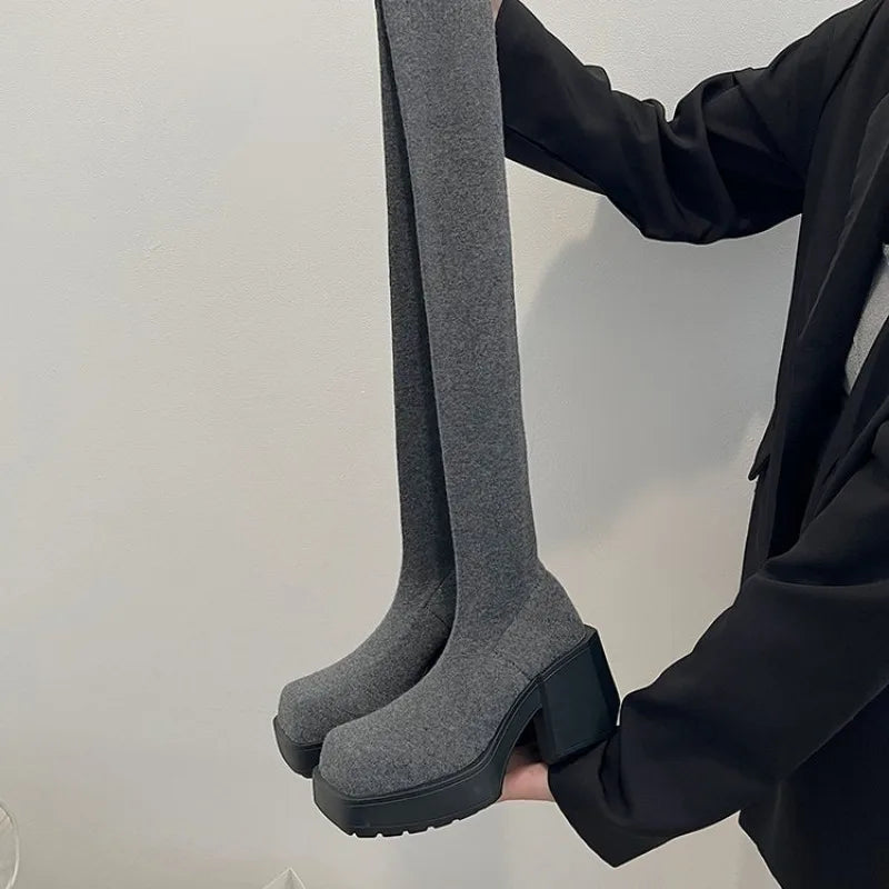 Taille 35-40 hiver femmes sur le genou chaussettes bottes Stretch tricoté talons épais bottes longues femme sans lacet plate-forme chaussures