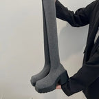 Taille 35-40 hiver femmes sur le genou chaussettes bottes Stretch tricoté talons épais bottes longues femme sans lacet plate-forme chaussures