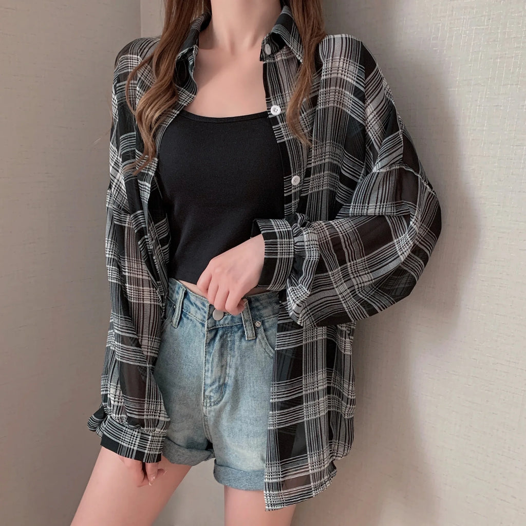 Chemise à Carreaux en Mousseline Légère pour Femme – Look d'Été Décontracté Fictitni