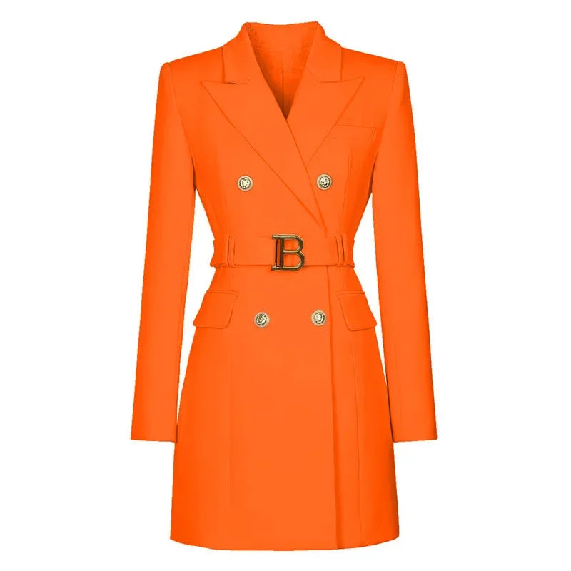 Blazer Long Ceinturé à Double Boutonnage pour Femme – Veste de Bureau Chic et Ample Coupe Robe Veste