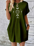 Robe d'été ample pour femmes, motif planète soleil lune imprimé, col rond, manches courtes, poches, confortable, décontractée, grande taille