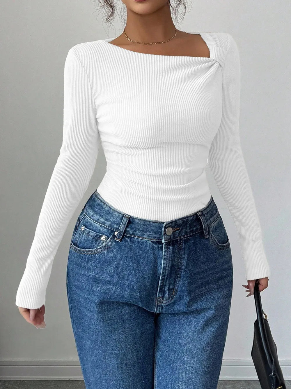T-Shirt Asymétrique Plissé Femme - Haut Manches Longues