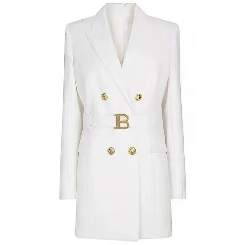 Blazer Long Ceinturé à Double Boutonnage pour Femme – Veste de Bureau Chic et Ample Coupe Robe Veste