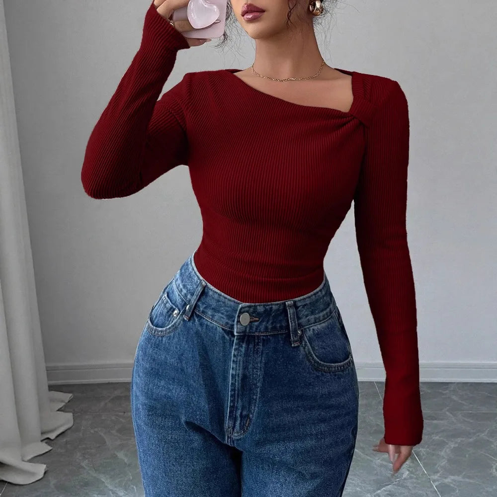 T-Shirt Asymétrique Plissé Femme - Haut Manches Longues