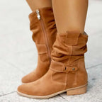 Bottines en daim à talons bas abricot pour femmes, bottes de Cowboy occidentales avec fermeture éclair latérale, bottines courtes taille 34-43