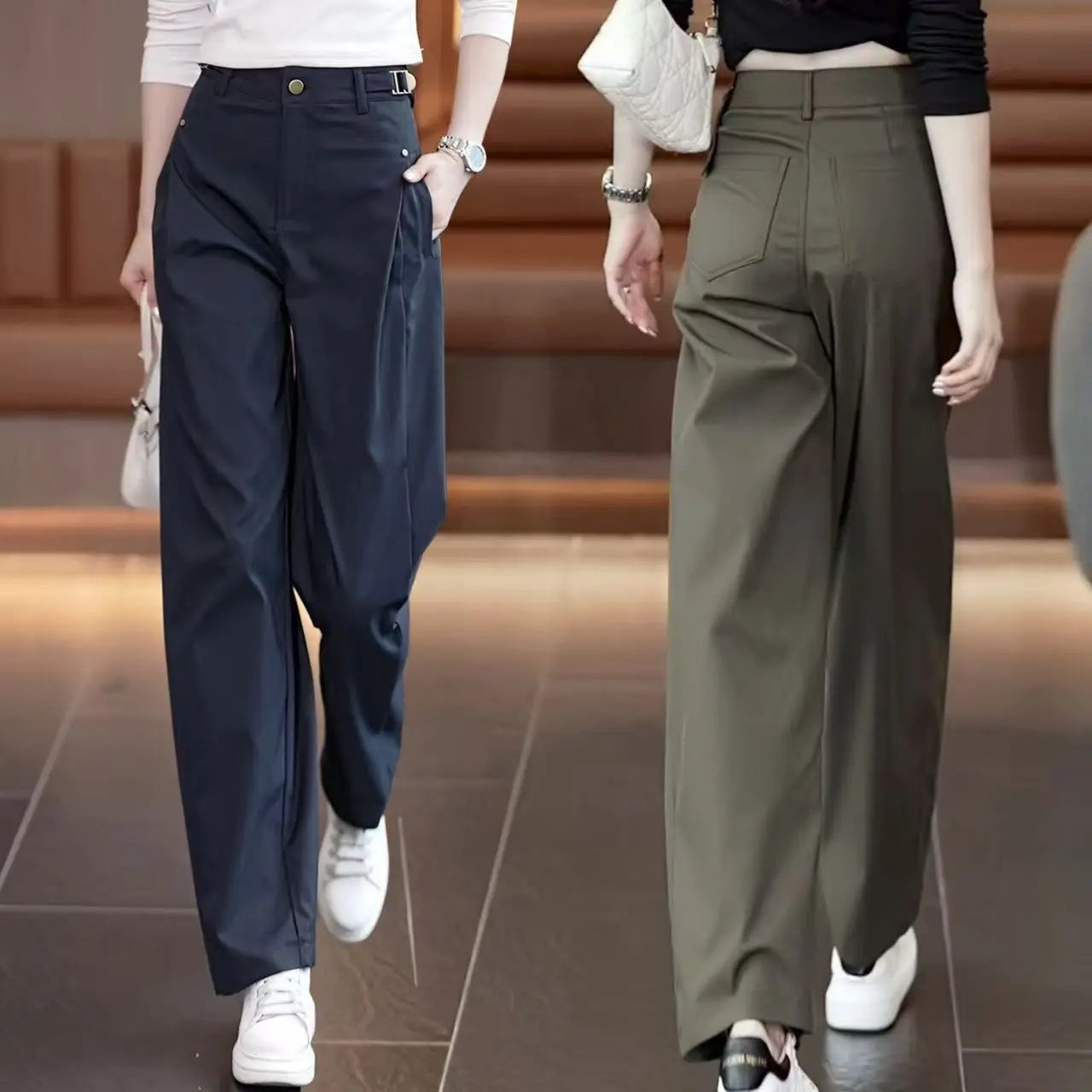 Pantalon Large Vert Armée Taille Haute - Style Streetwear Chic