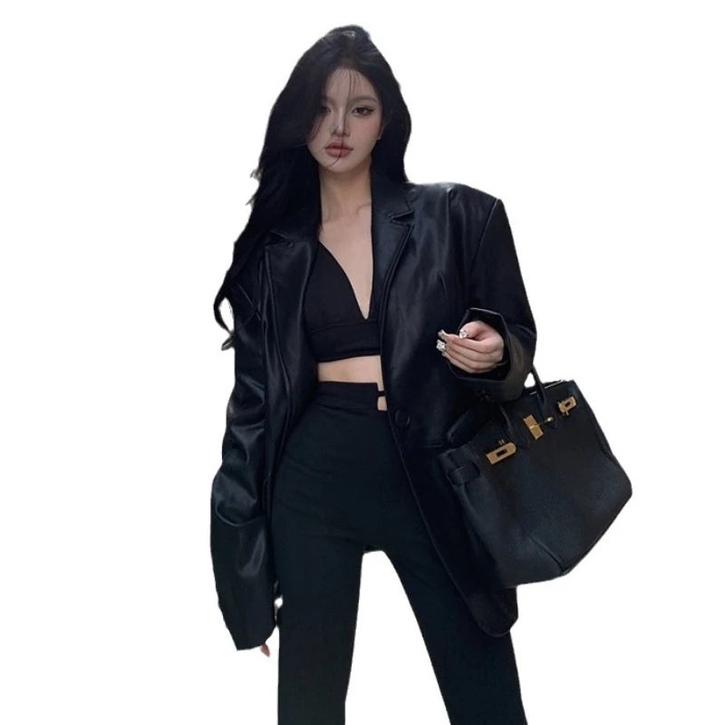 Veste en similicuir PU pour femme, Blazer combiné, Vestes à col rabattu, Manteau à point ouvert, Maxi, Décontracté, Élégant, Punk, Streetwear Y2k